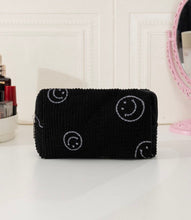 Load image into Gallery viewer, Black Corduroy Velour Smile Makeup/Toiletry Bag
