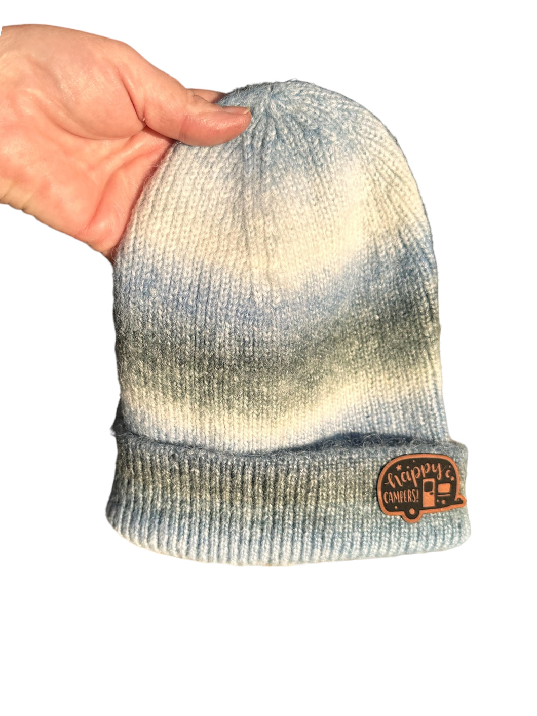 Blue, White, and Grey Ombre Knit Beanie W/ Leather Patch