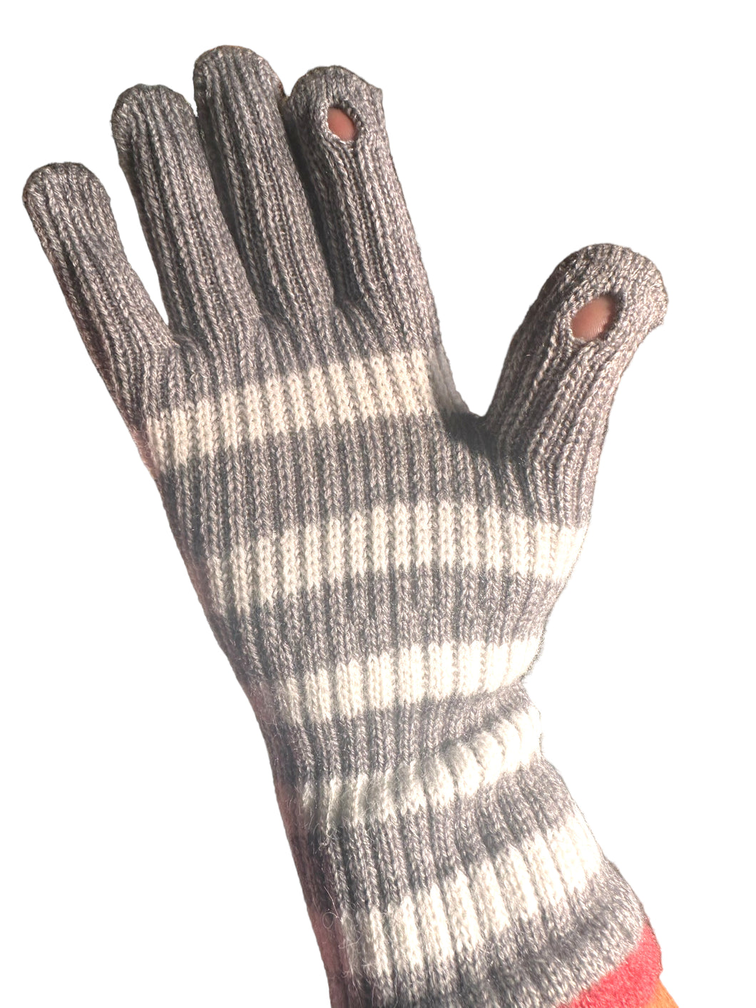 Grey and White Knitted Stripped Gloves W/ Touch Screen Capability