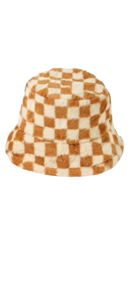 Furry Faux Rabbit Carmel Checkered Bucket Hat