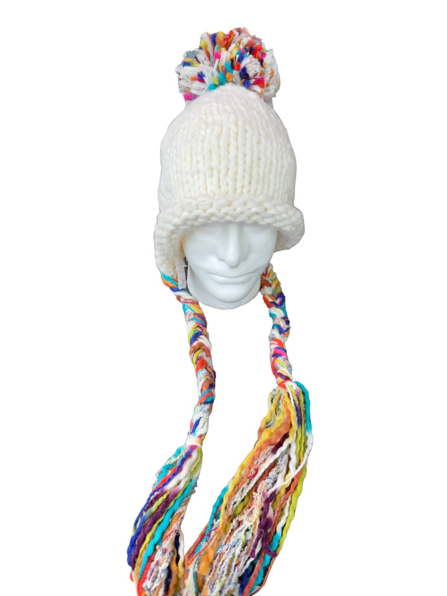 White Knitted Colorful Braided Winter Hat